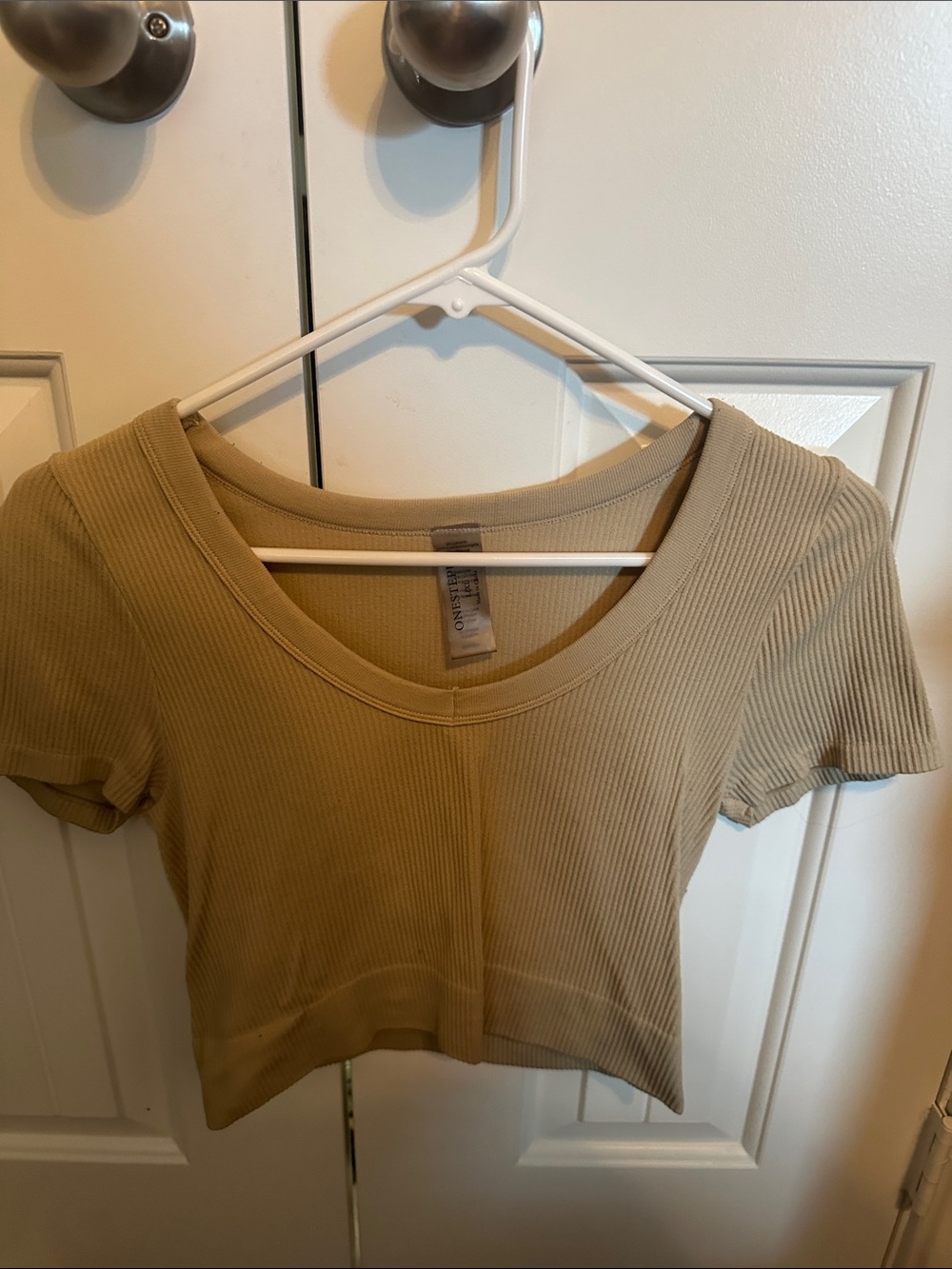 One Step Ahead Ribbed Scoop Neck Crop Top in Tan